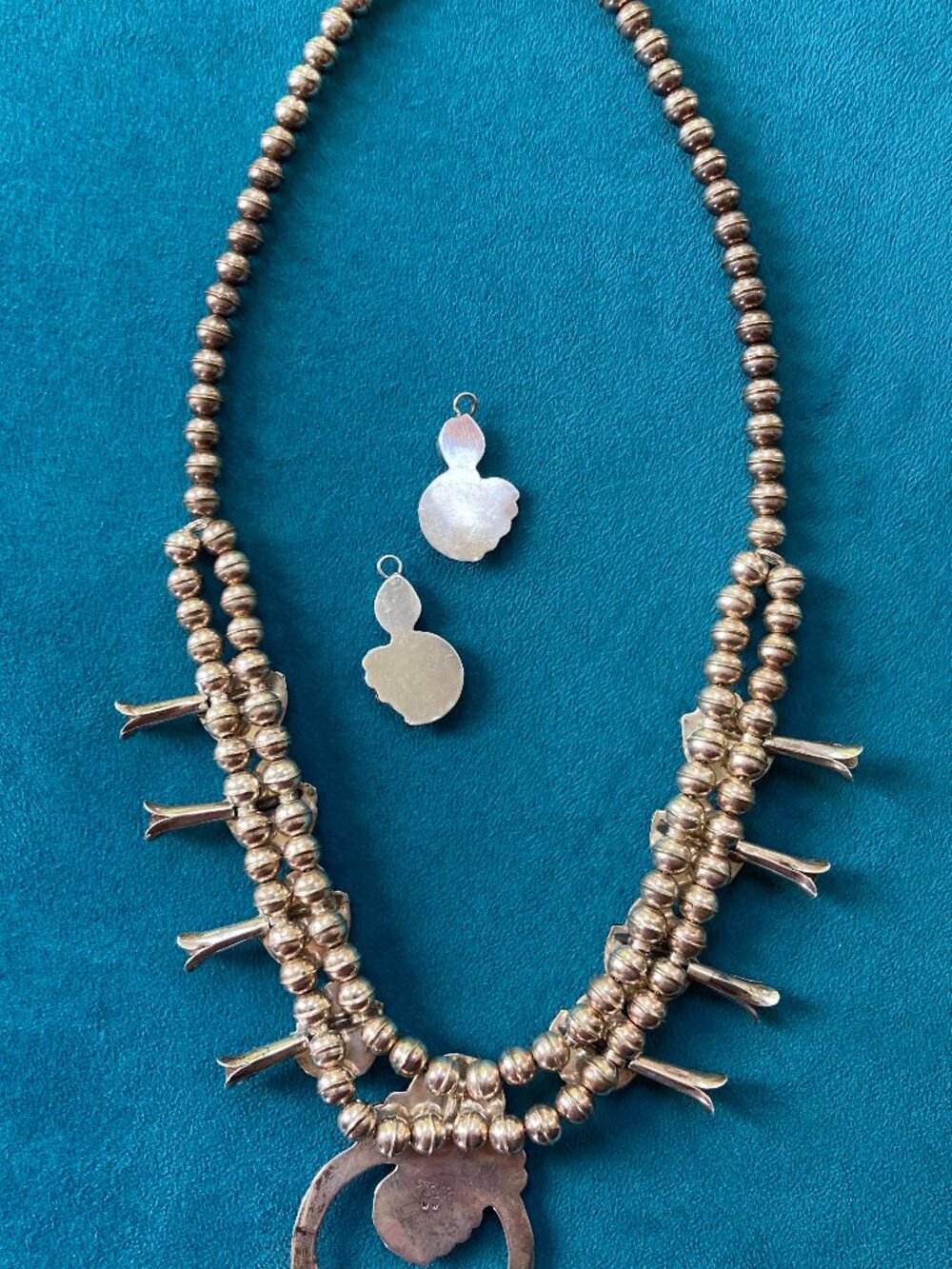 Vintage Navajo Sterling Silver Turquoise Coral Squash Blossom Necklace SIGNED - Picture 6 of 8